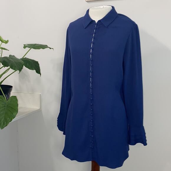 Soft Surroundings Small Cobalt Blue Button Ruffle tapered bell Sleeve Blouse - Picture 3 of 9